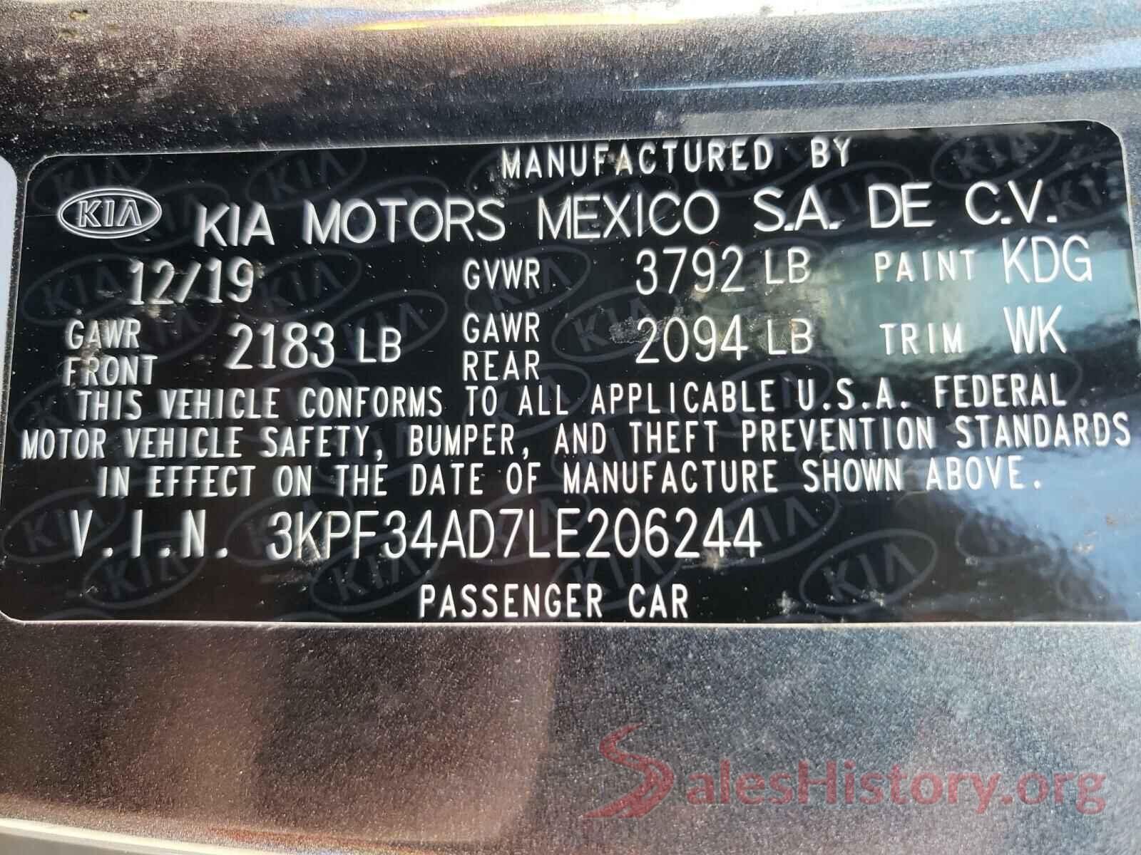 3KPF34AD7LE206244 2020 KIA FORTE