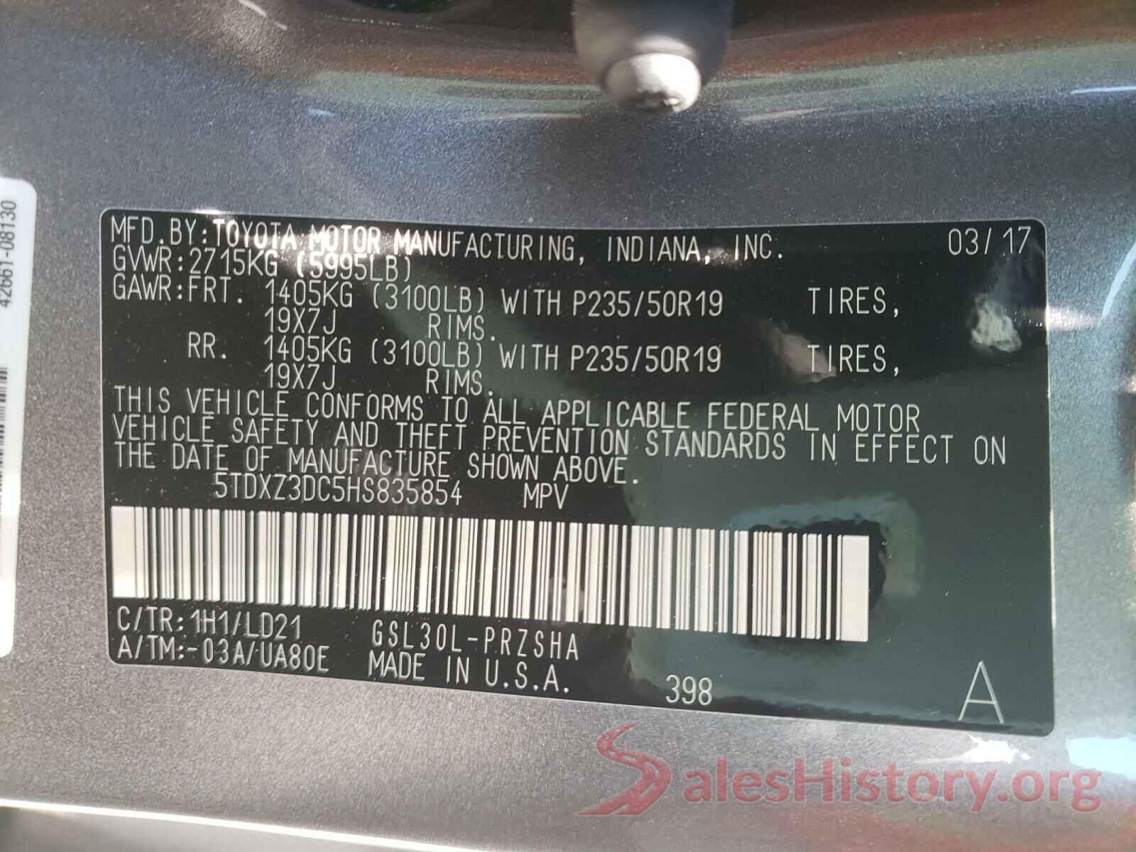 5TDXZ3DC5HS835854 2017 TOYOTA SIENNA