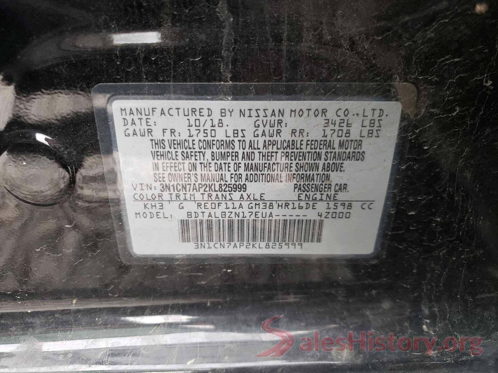 3N1CN7AP2KL825999 2019 NISSAN VERSA