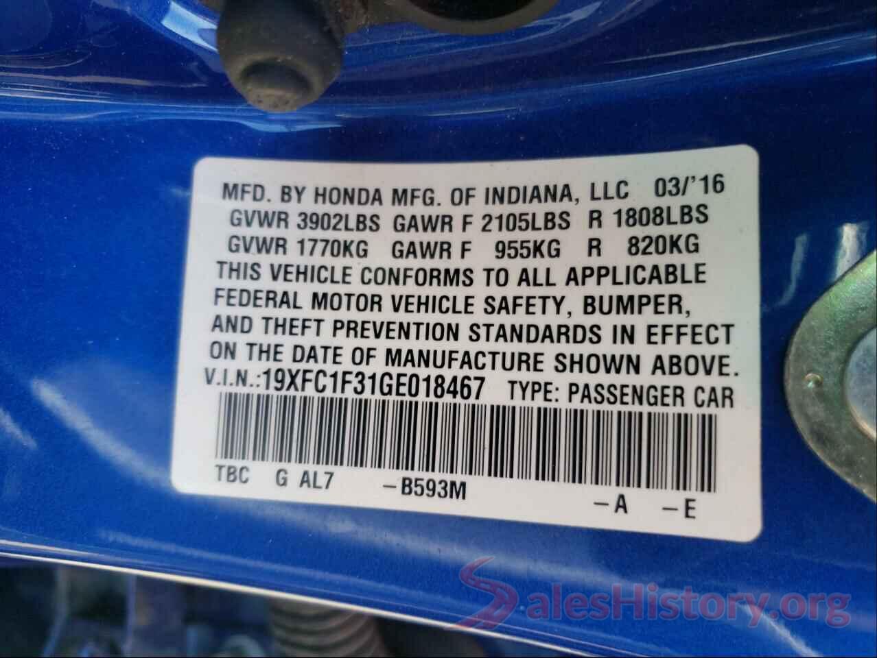 19XFC1F31GE018467 2016 HONDA CIVIC