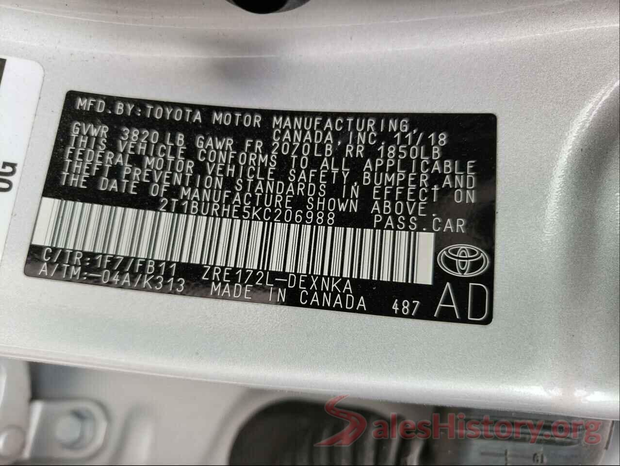 2T1BURHE5KC206988 2019 TOYOTA COROLLA