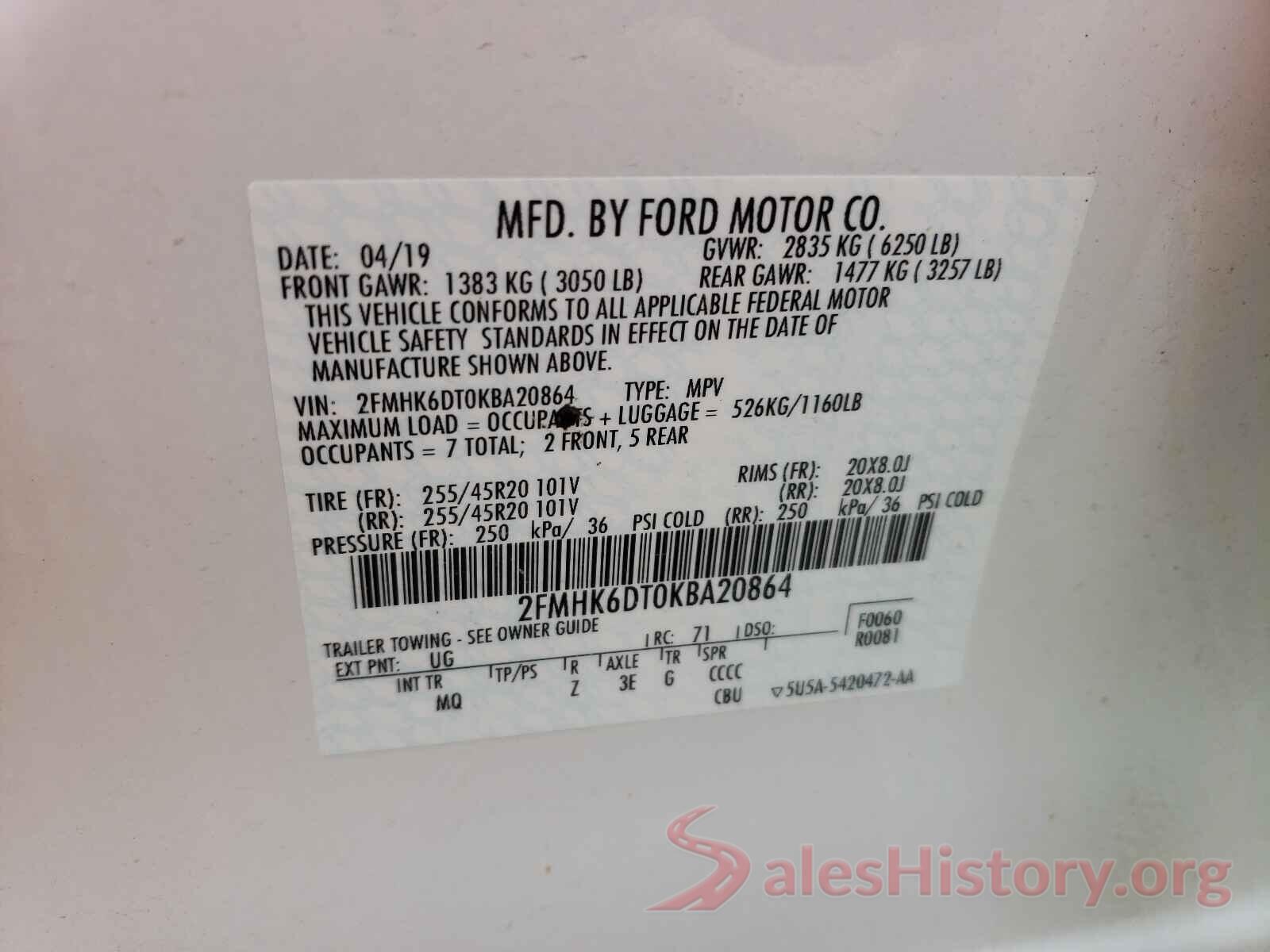 2FMHK6DT0KBA20864 2019 FORD FLEX