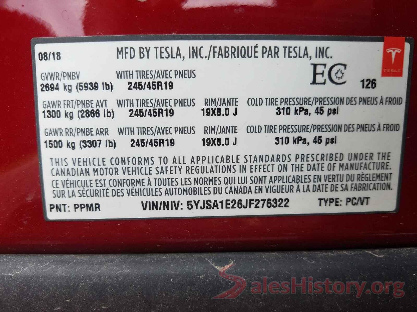 5YJSA1E26JF276322 2018 TESLA MODEL S