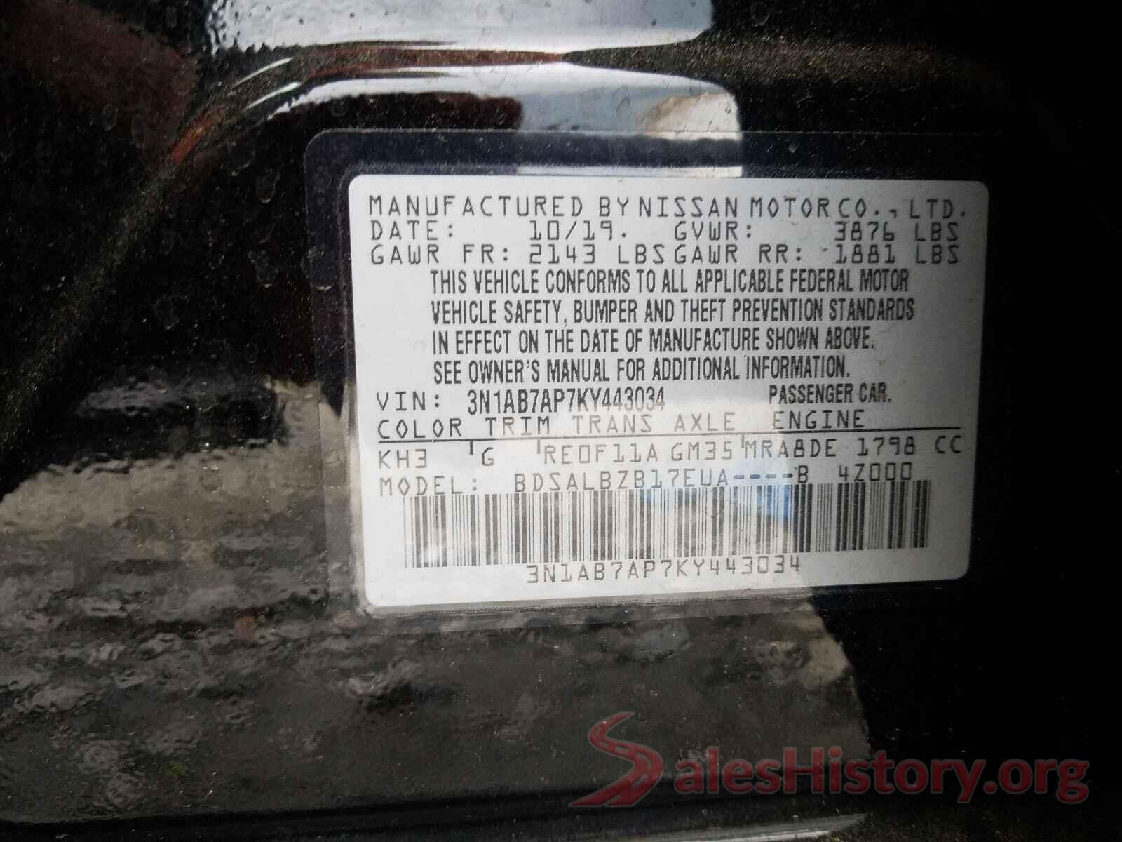 3N1AB7AP7KY443034 2019 NISSAN SENTRA