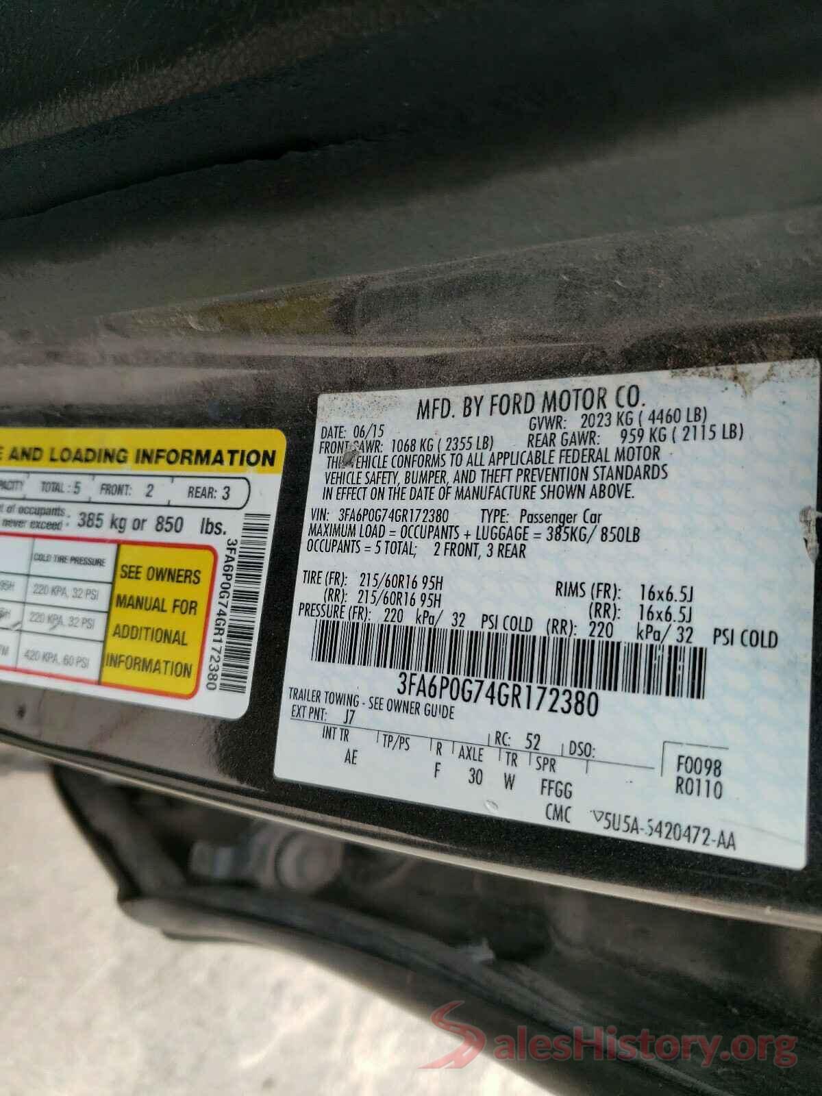 3FA6P0G74GR172380 2016 FORD FUSION