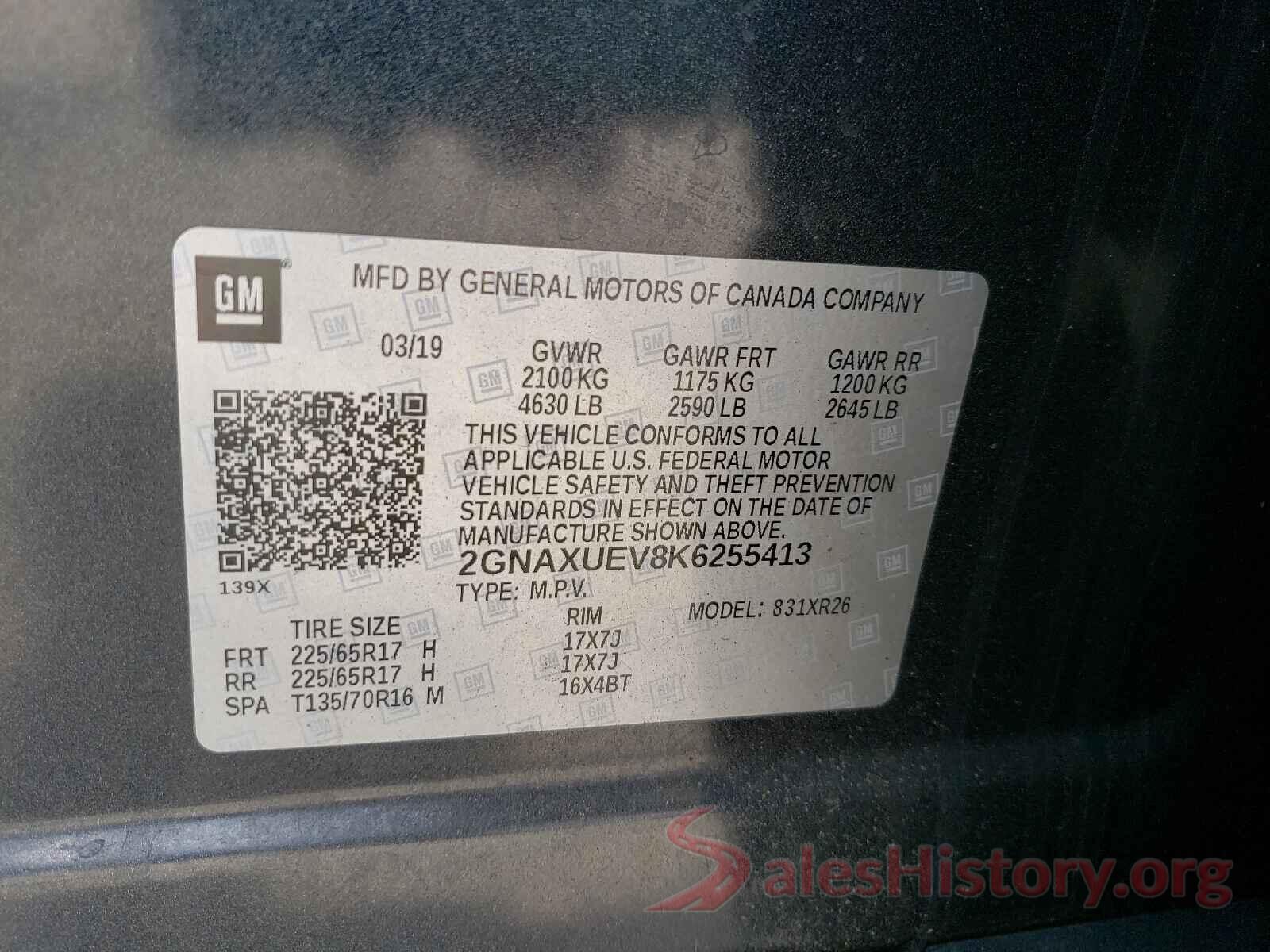 2GNAXUEV8K6255413 2019 CHEVROLET EQUINOX