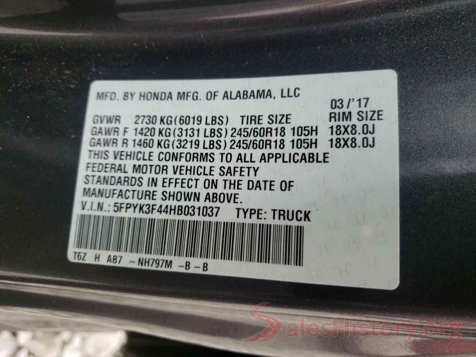 5FPYK3F44HB031037 2017 HONDA RIDGELINE