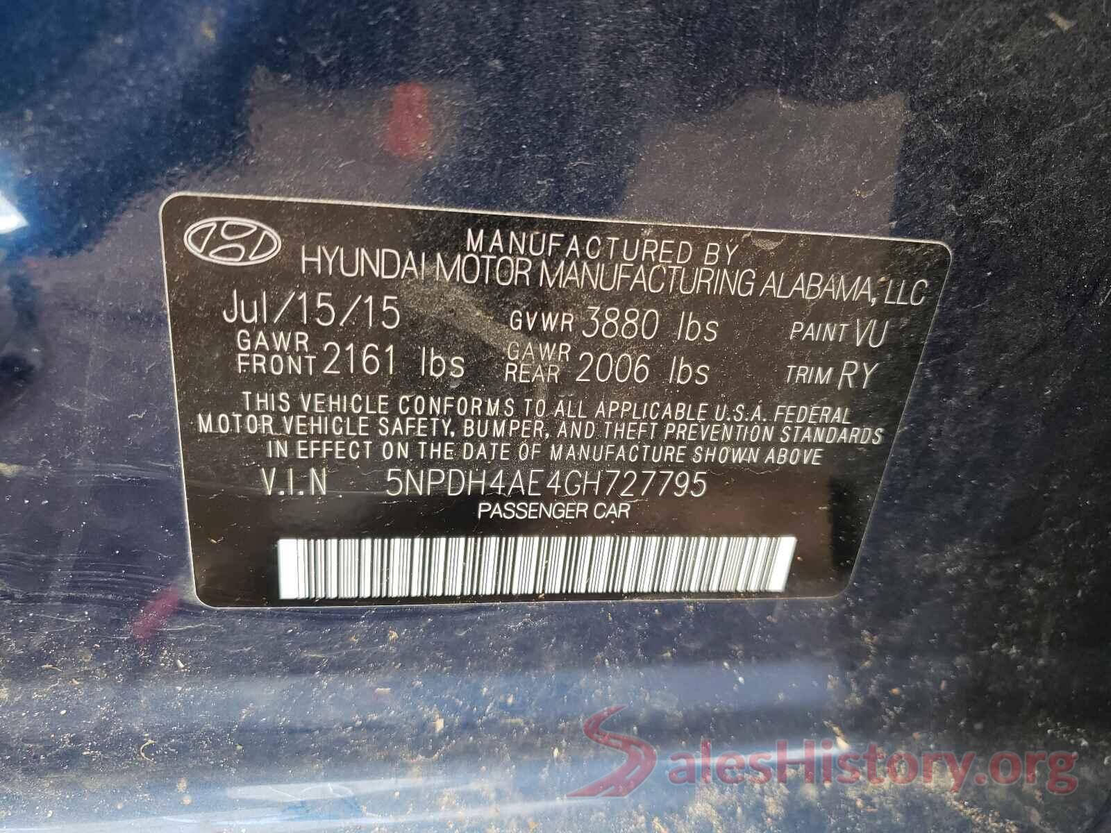 5NPDH4AE4GH727795 2016 HYUNDAI ELANTRA