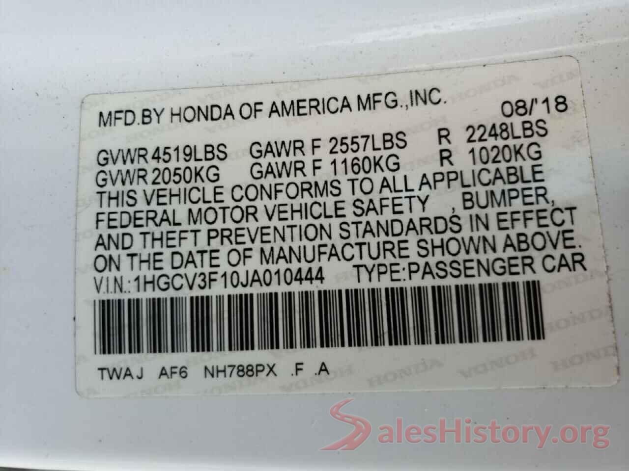 1HGCV3F10JA010444 2018 HONDA ACCORD