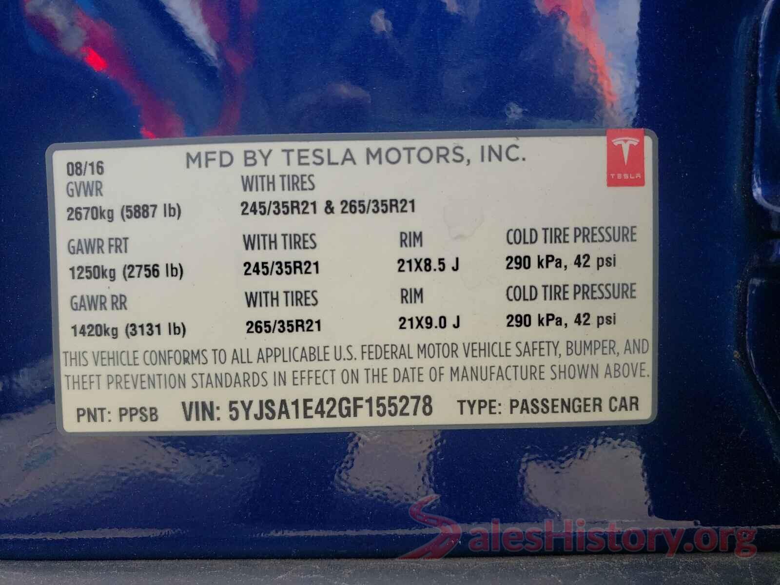 5YJSA1E42GF155278 2016 TESLA MODEL S