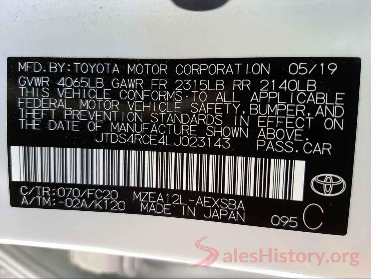 JTDS4RCE4LJ023143 2020 TOYOTA COROLLA