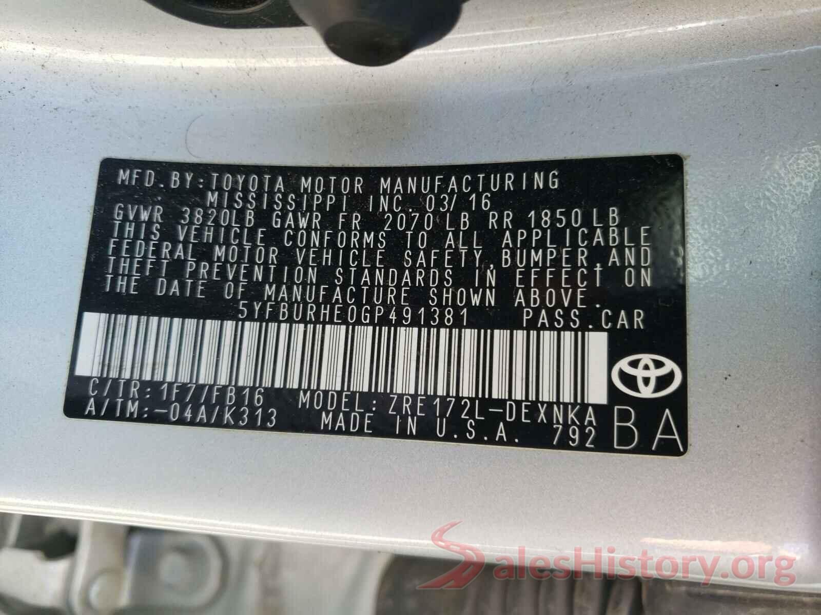 5YFBURHE0GP491381 2016 TOYOTA COROLLA