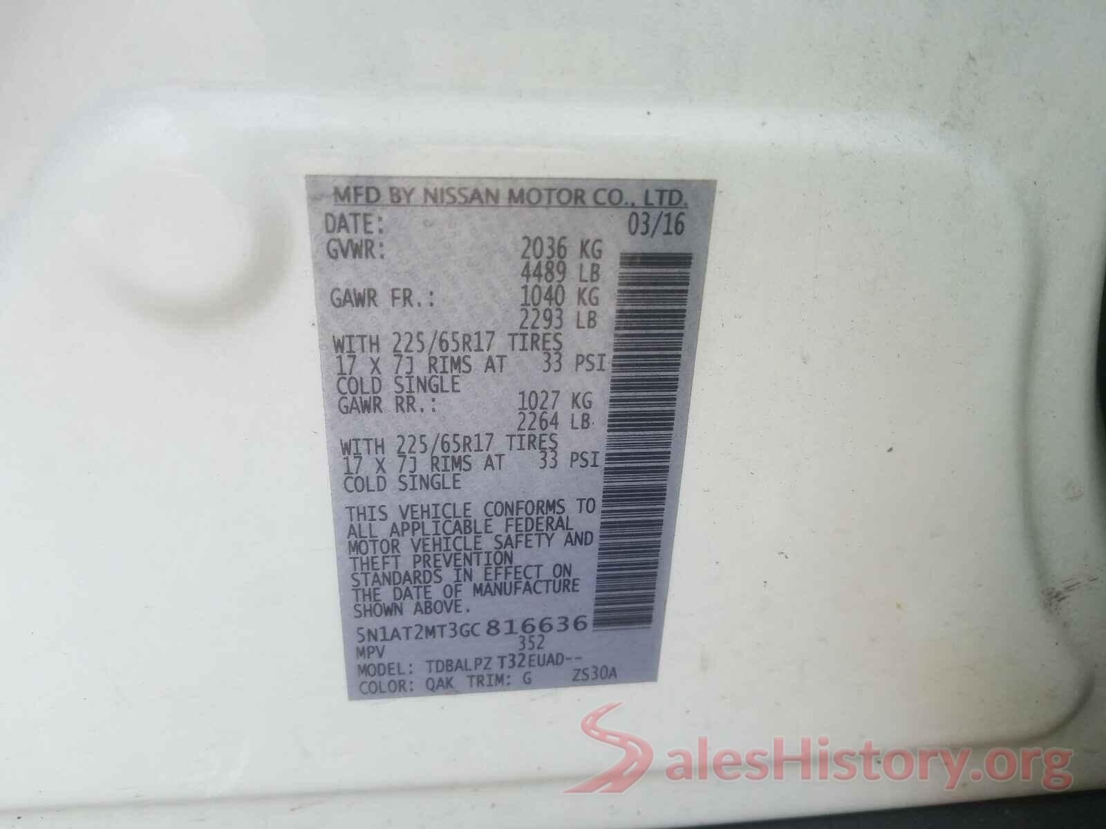 5N1AT2MT3GC816636 2016 NISSAN ROGUE