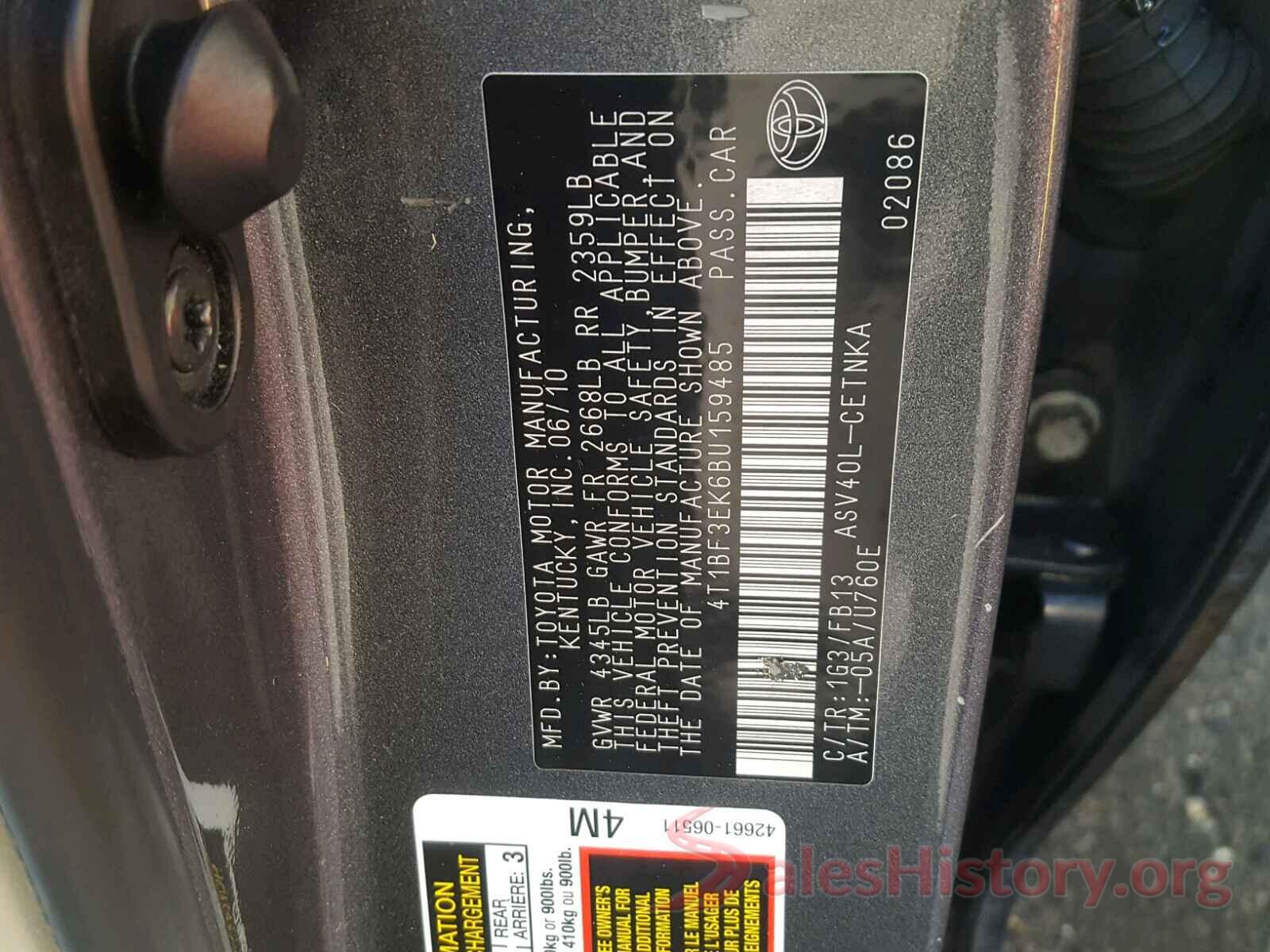 4T1BF3EK6BU159485 2011 TOYOTA CAMRY BASE