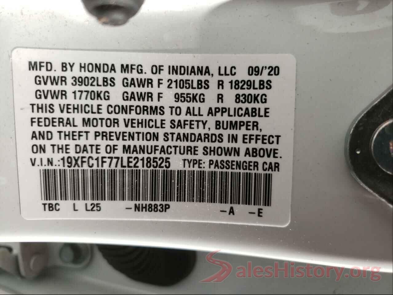 19XFC1F77LE218525 2020 HONDA CIVIC