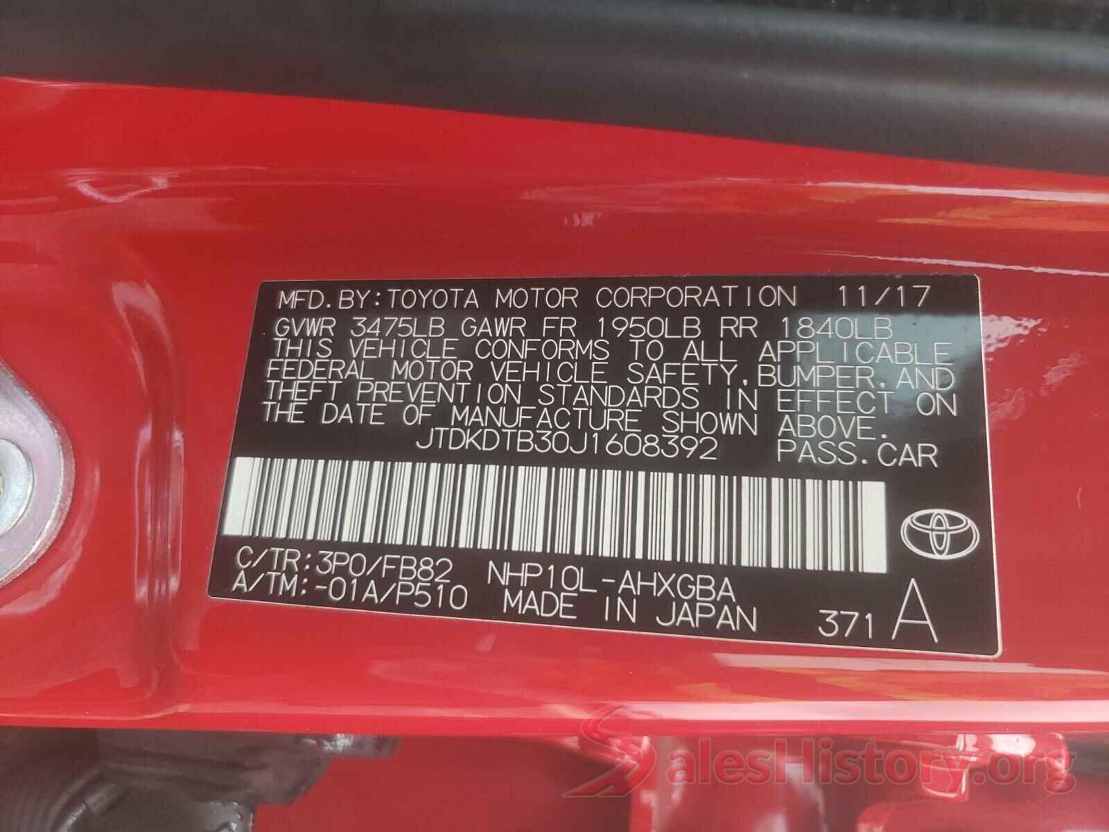 JTDKDTB30J1608392 2018 TOYOTA PRIUS