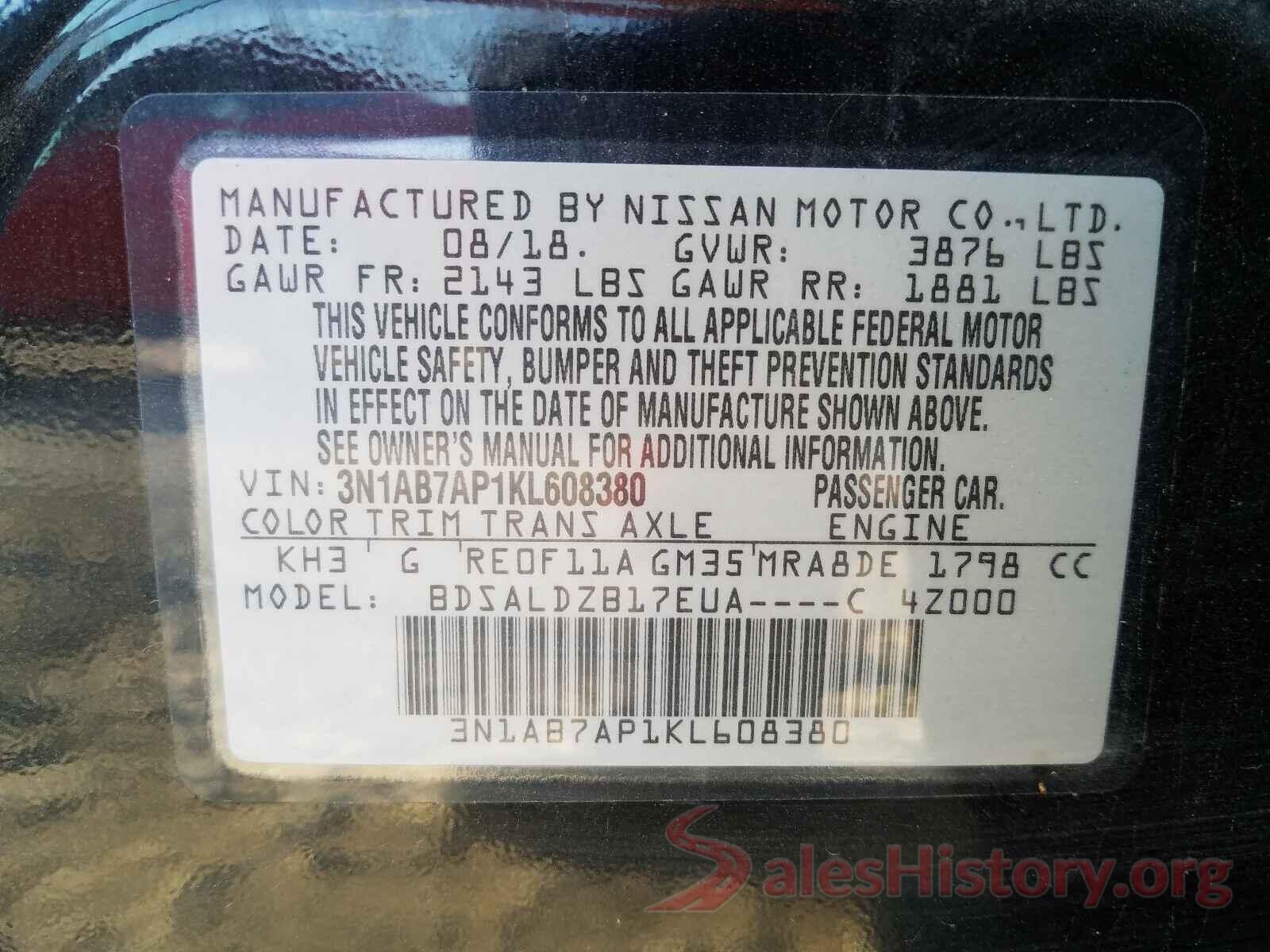 3N1AB7AP1KL608380 2019 NISSAN SENTRA