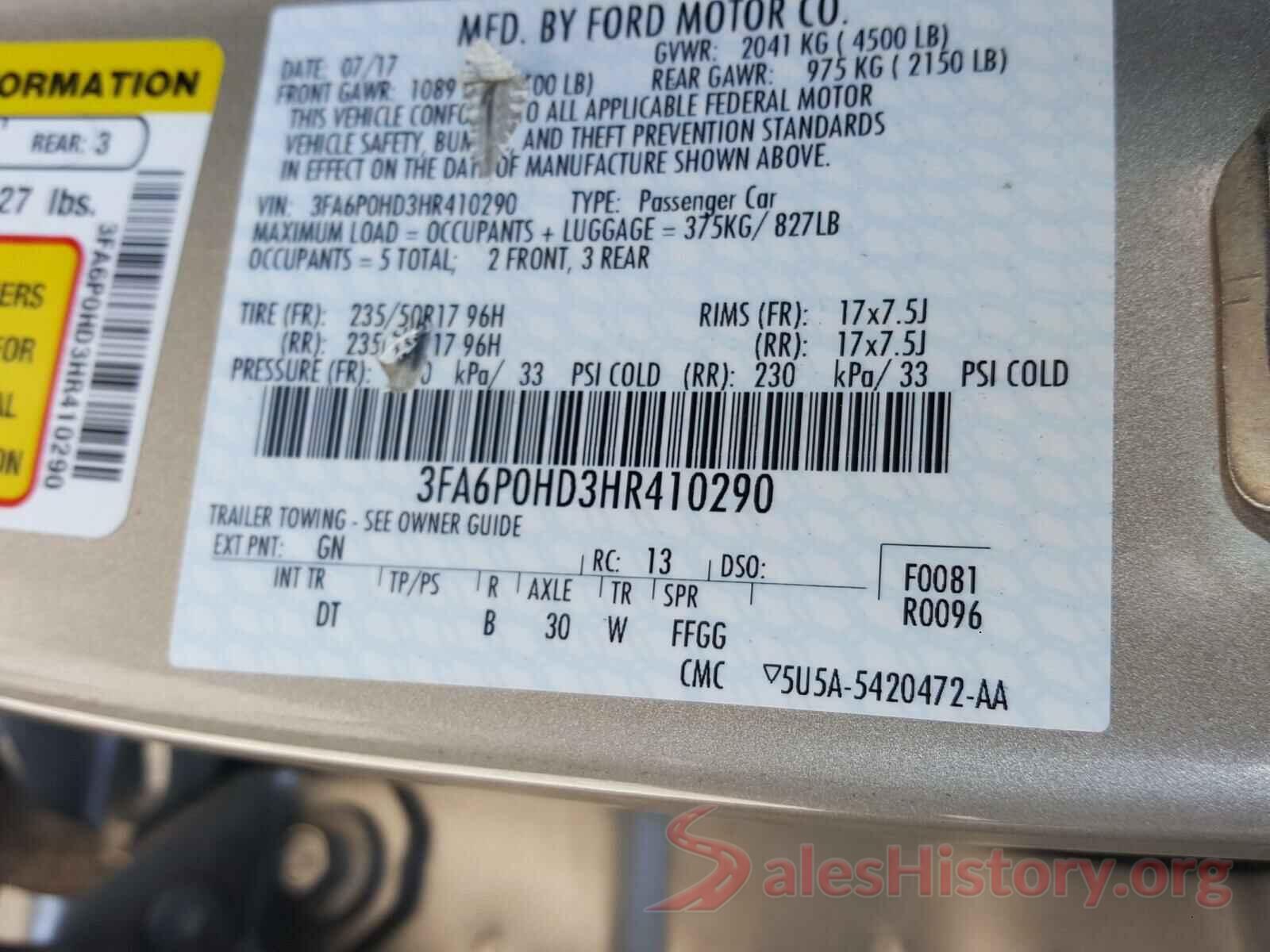 3FA6P0HD3HR410290 2017 FORD FUSION