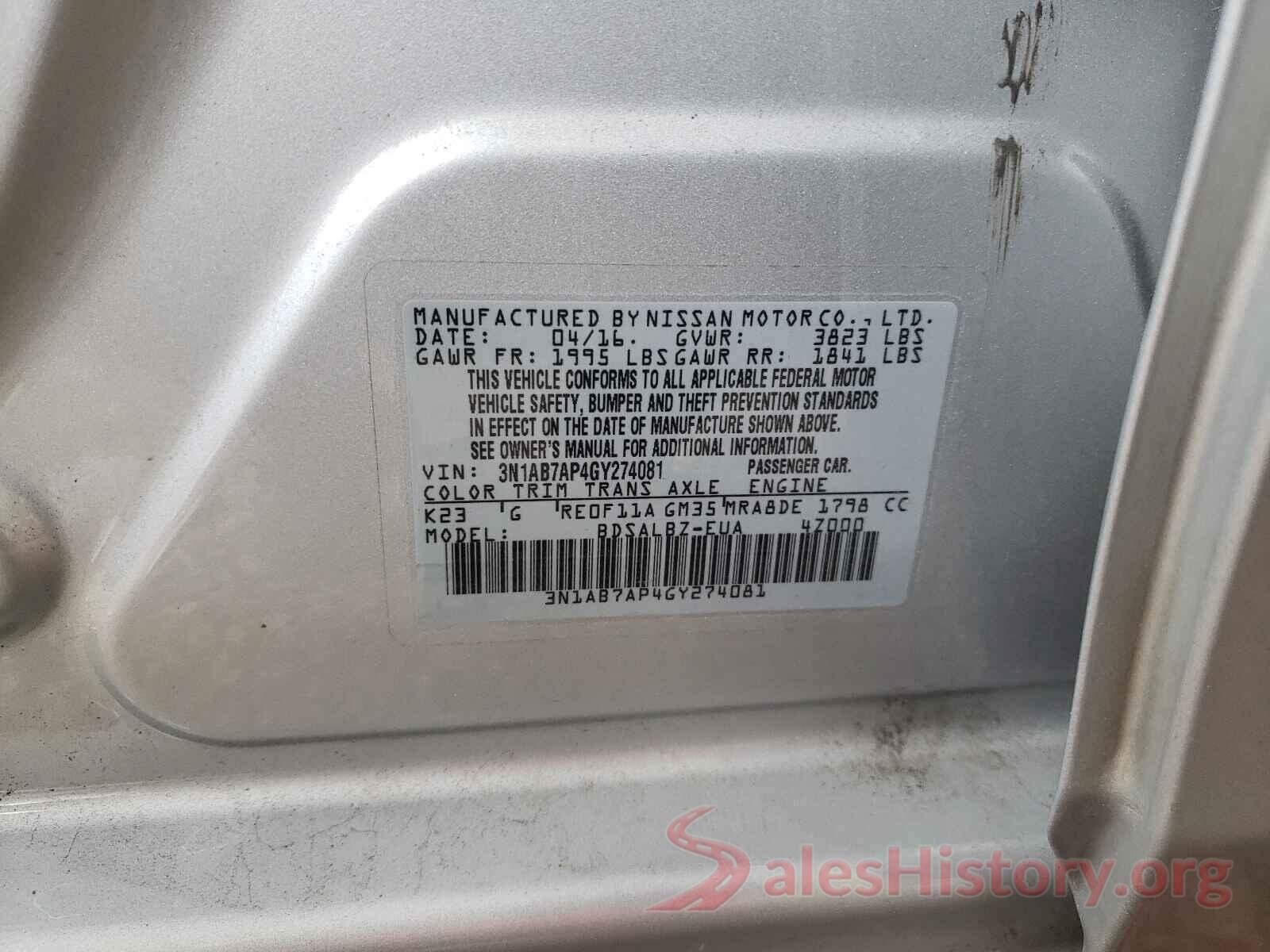 3N1AB7AP4GY274081 2016 NISSAN SENTRA