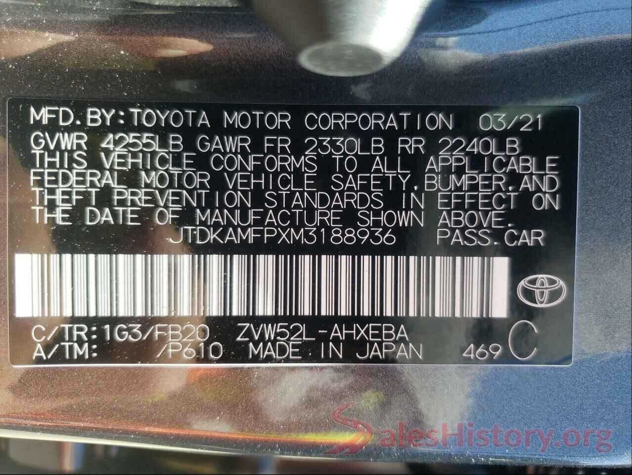 JTDKAMFPXM3188936 2021 TOYOTA PRIUS