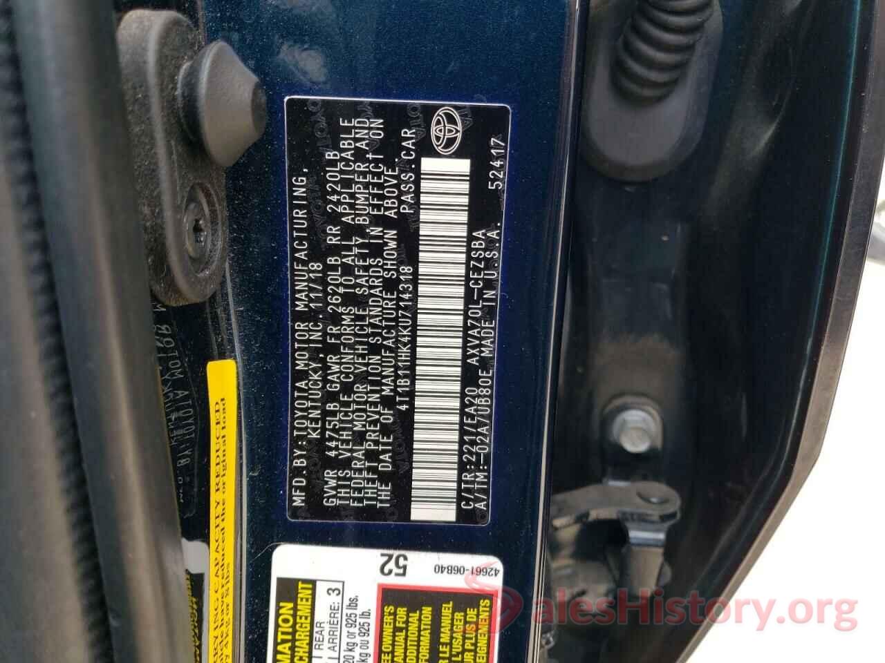 4T1B11HK4KU714318 2019 TOYOTA CAMRY