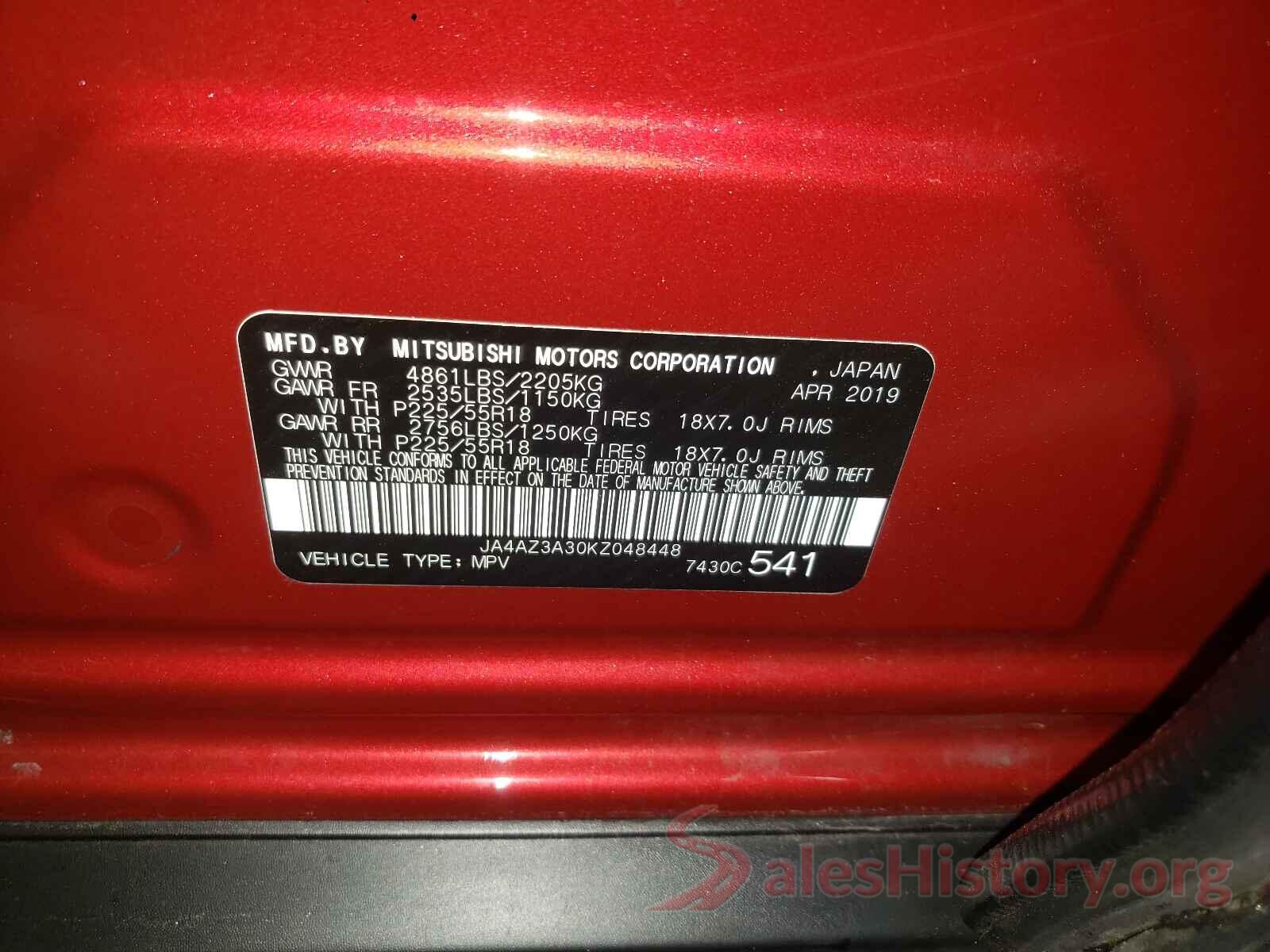 JA4AZ3A30KZ048448 2019 MITSUBISHI OUTLANDER