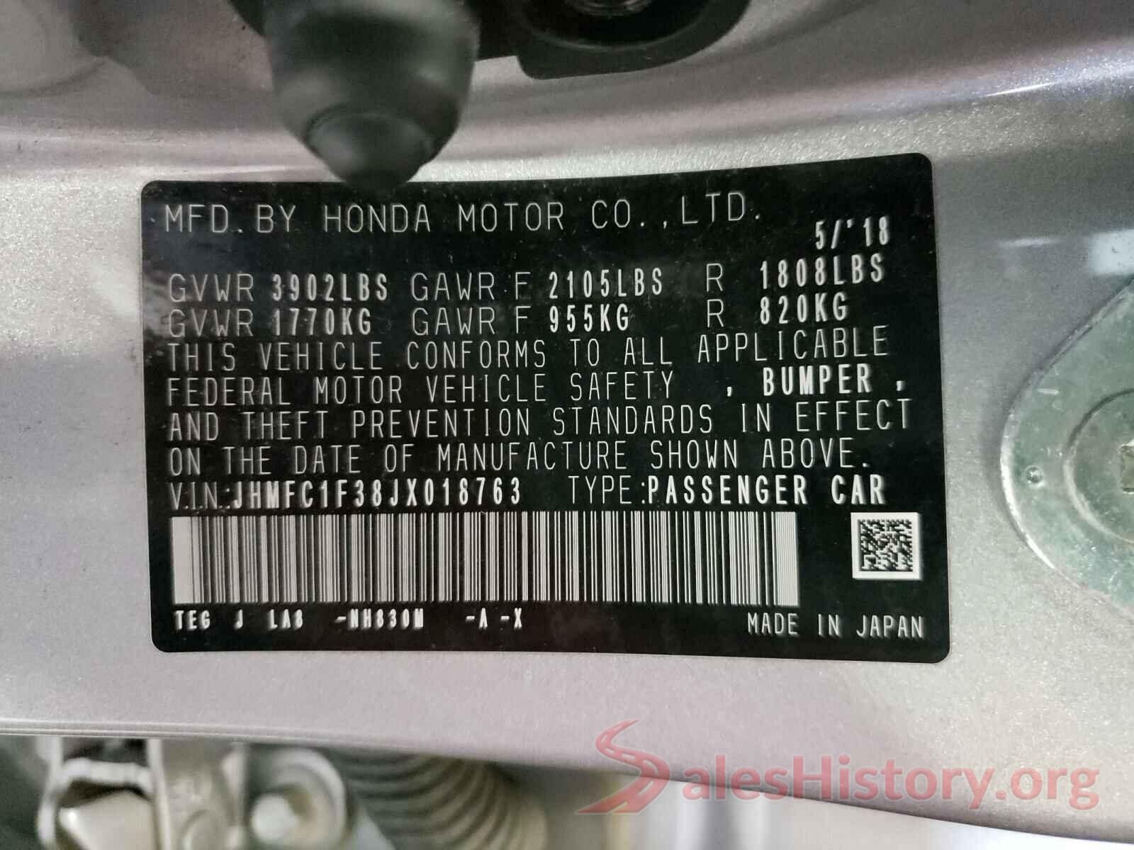 JHMFC1F38JX018763 2018 HONDA CIVIC