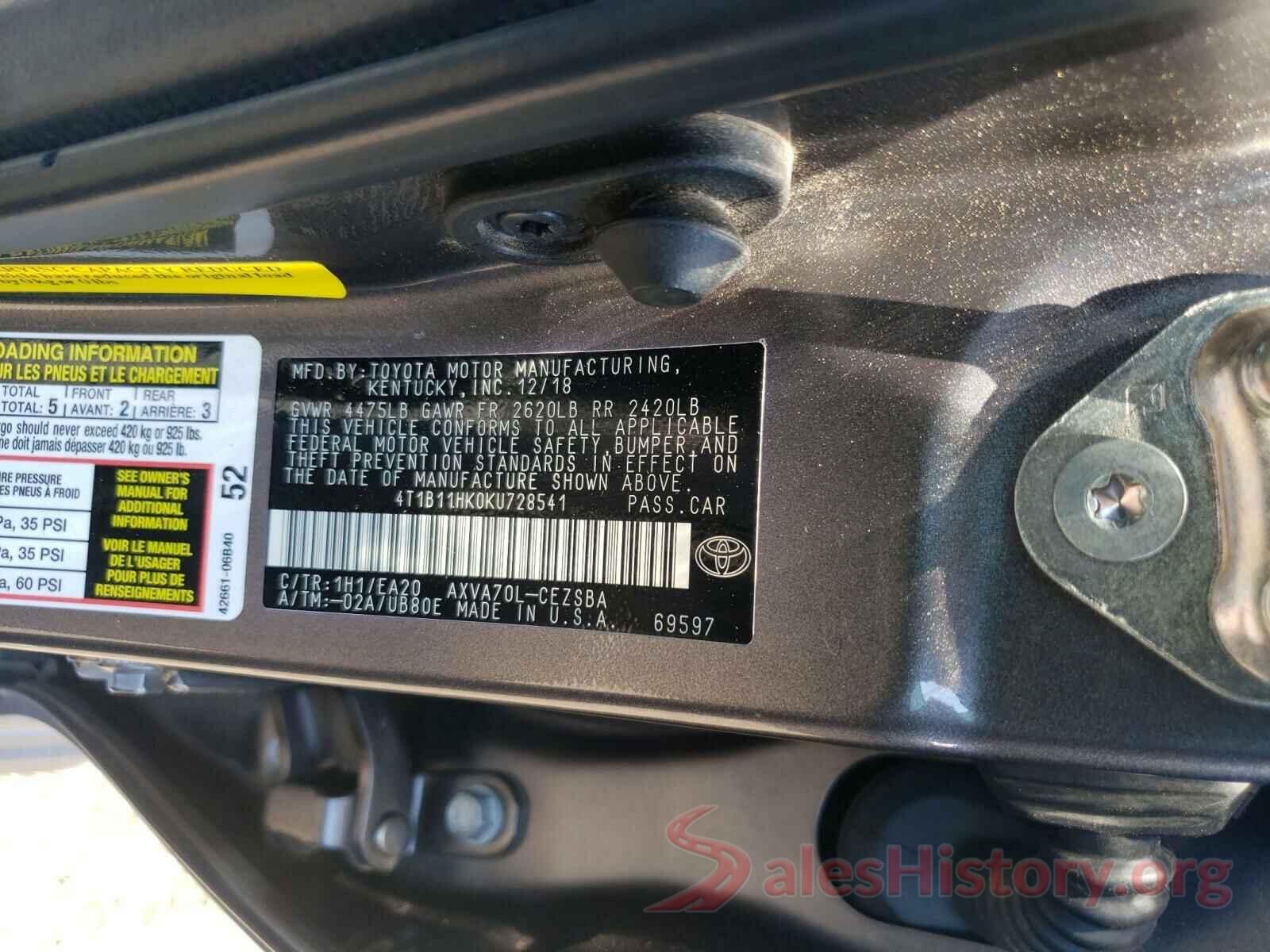 4T1B11HK0KU728541 2019 TOYOTA CAMRY