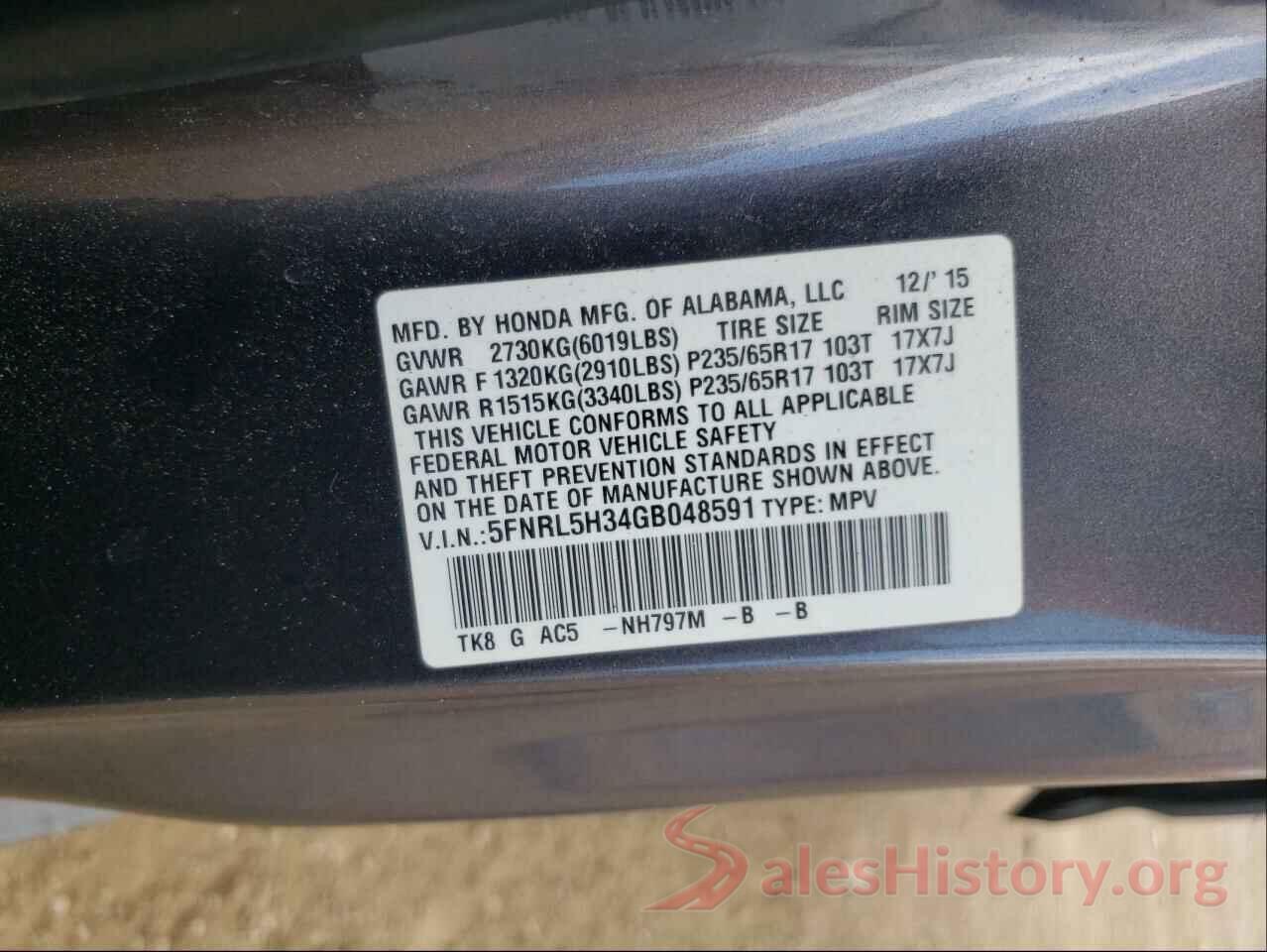 5FNRL5H34GB048591 2016 HONDA ODYSSEY