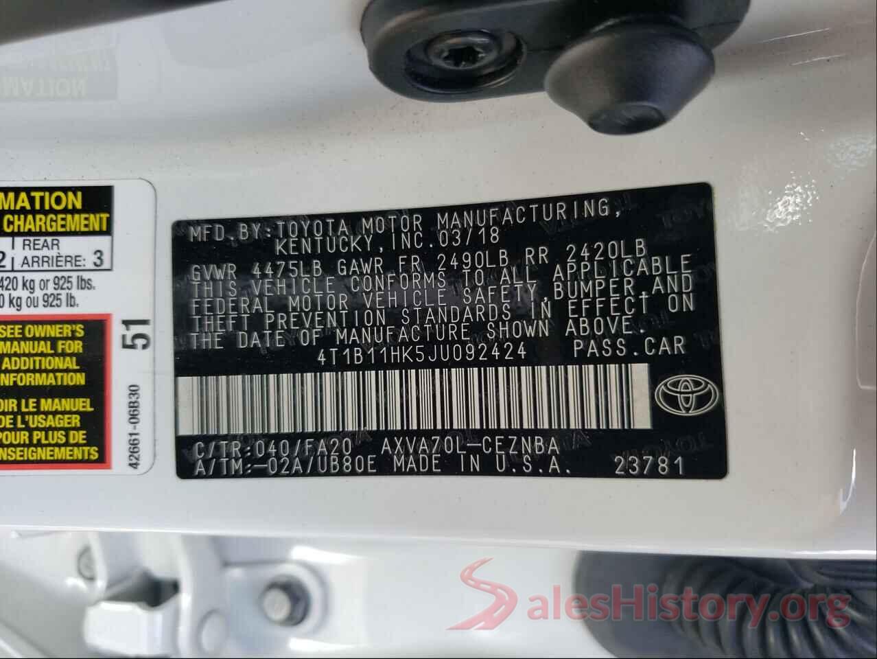 4T1B11HK5JU092424 2018 TOYOTA CAMRY