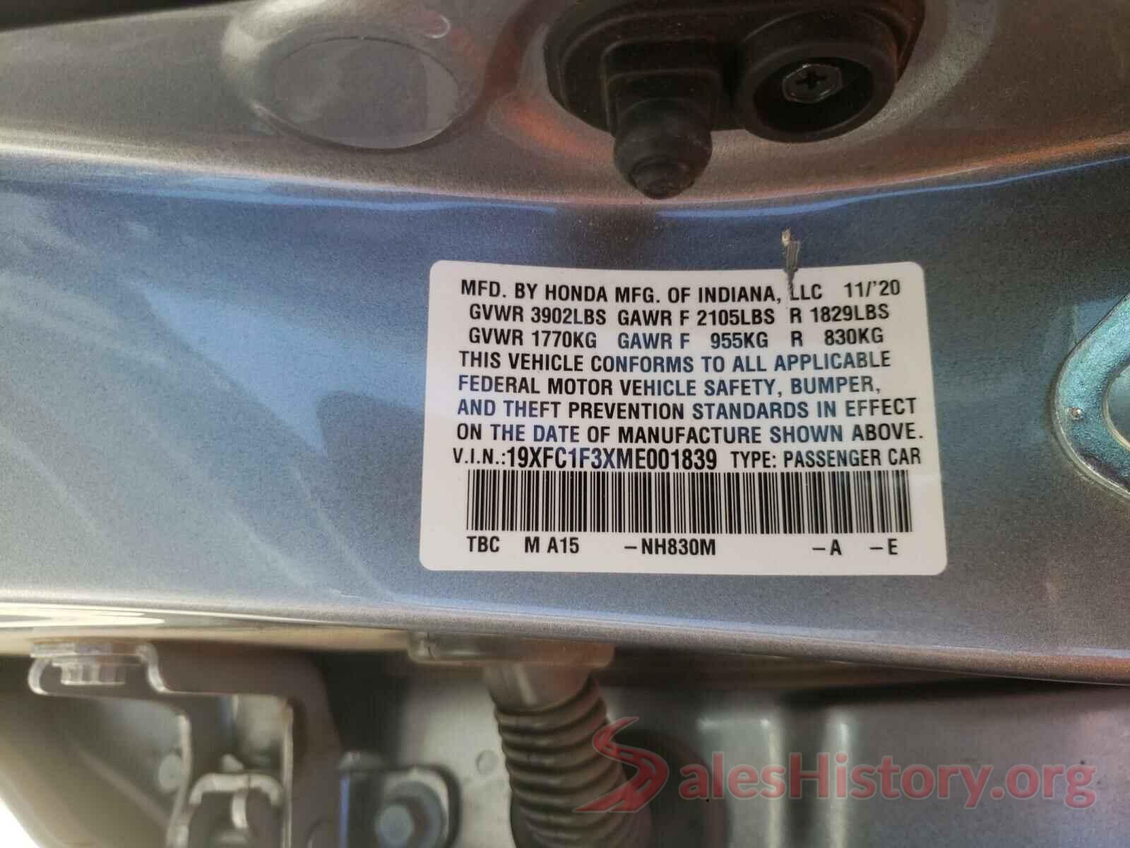 19XFC1F3XME001839 2021 HONDA CIVIC