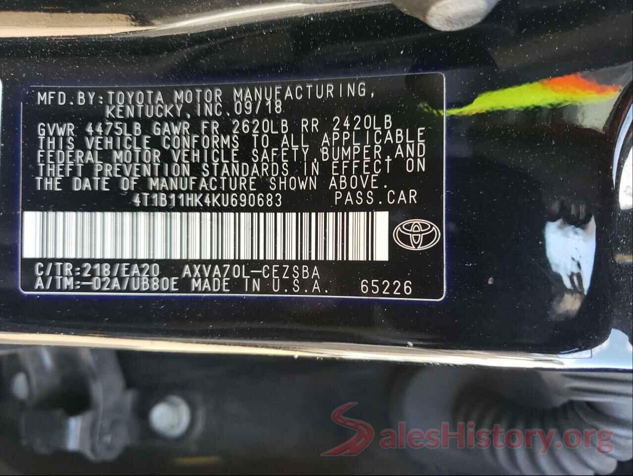 4T1B11HK4KU690683 2019 TOYOTA CAMRY