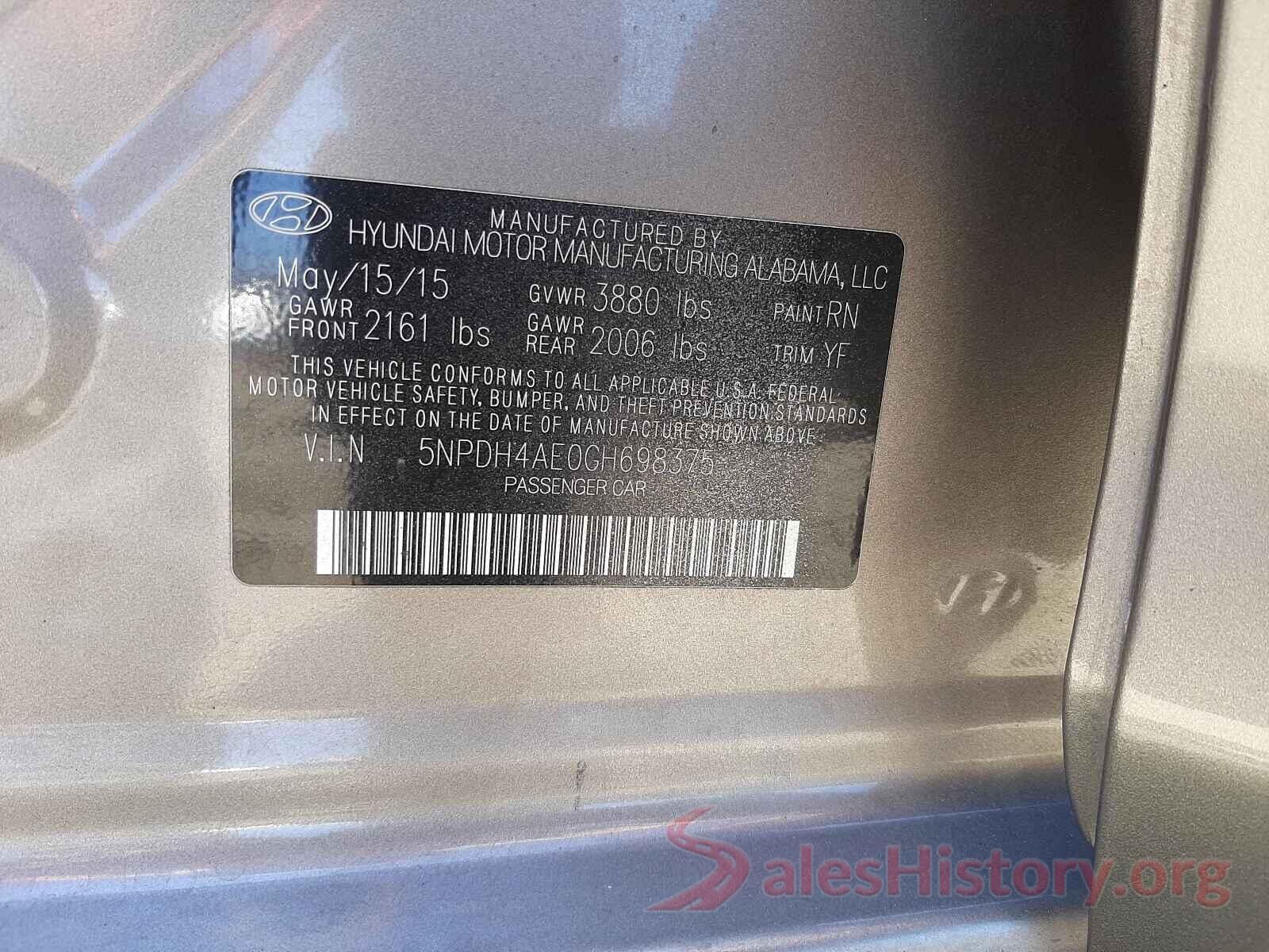 5NPDH4AE0GH698375 2016 HYUNDAI ELANTRA