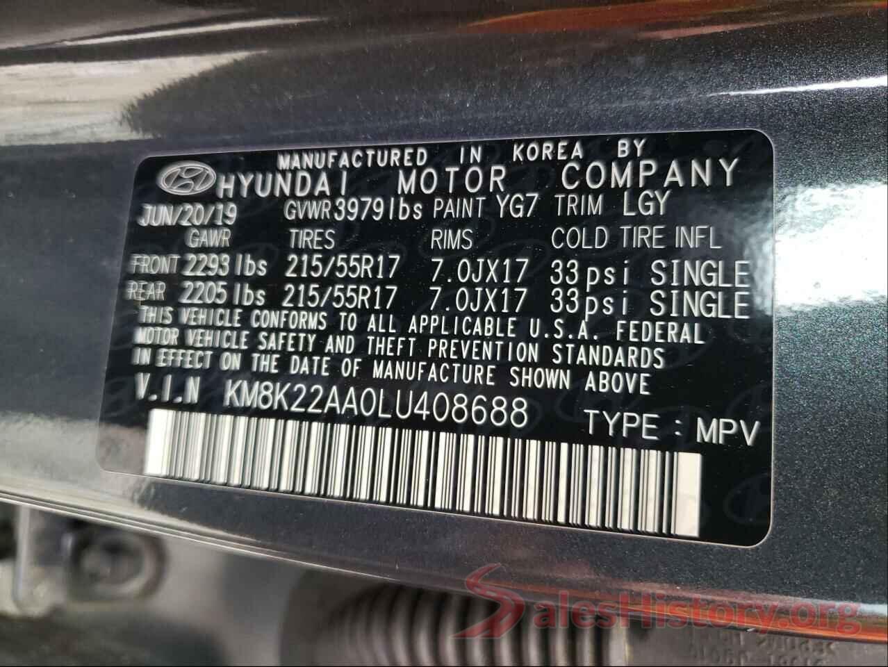 KM8K22AA0LU408688 2020 HYUNDAI KONA