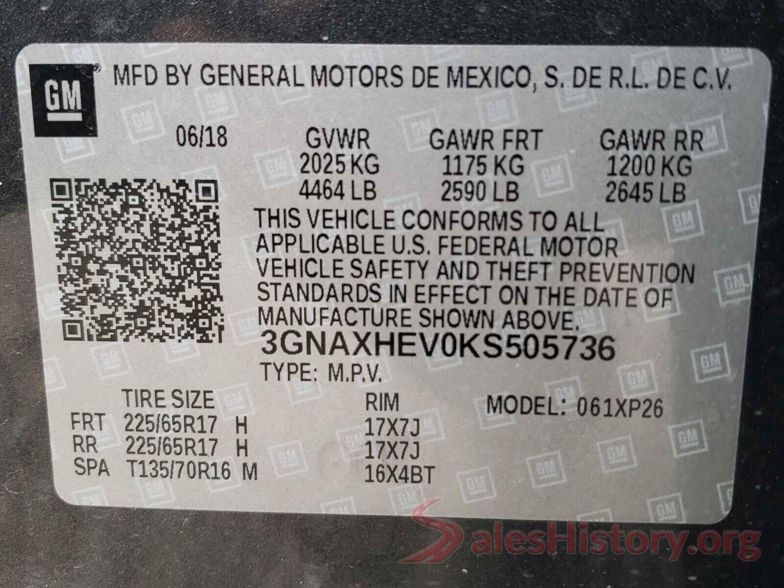 3GNAXHEV0KS505736 2019 CHEVROLET EQUINOX