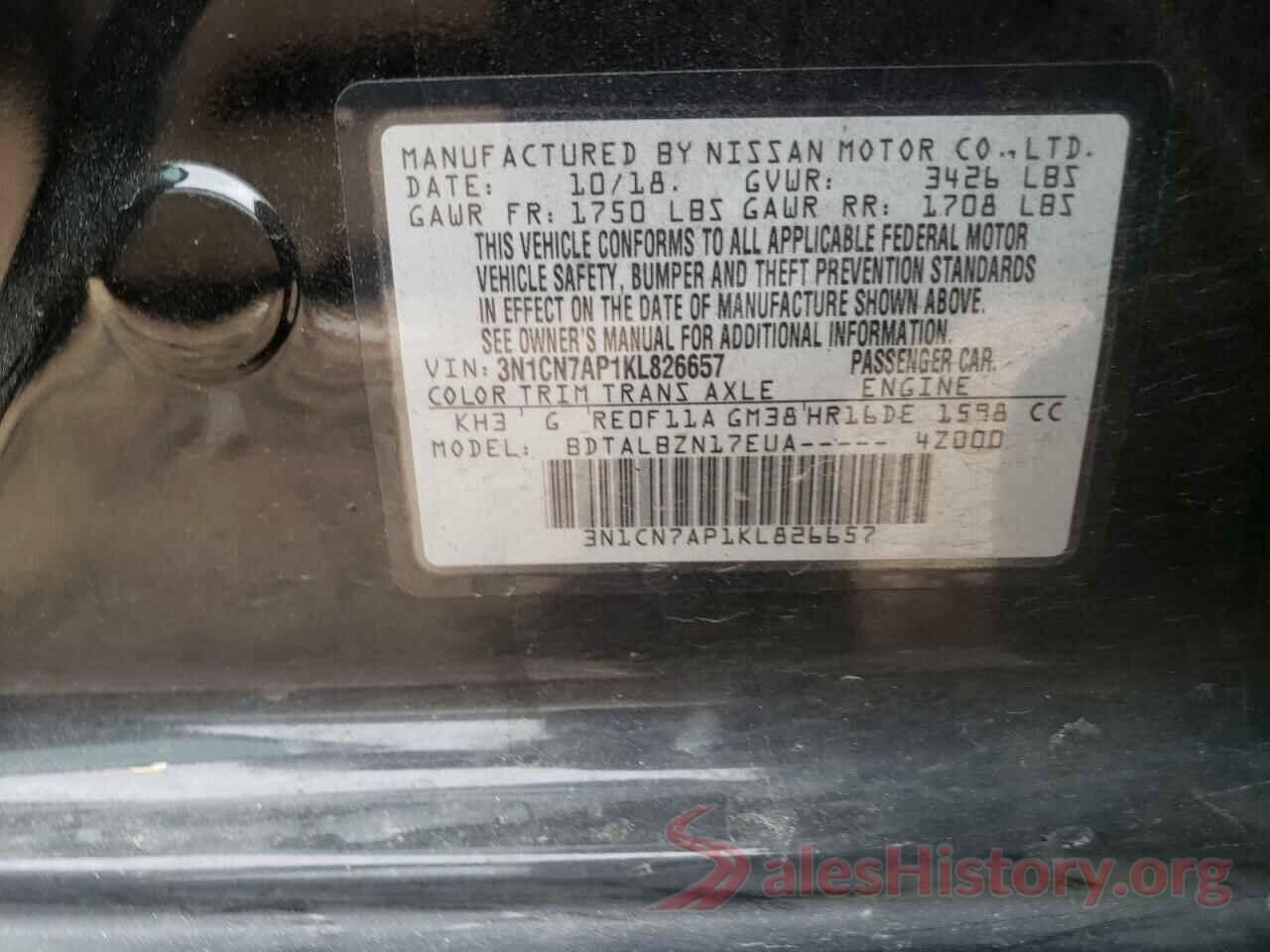 3N1CN7AP1KL826657 2019 NISSAN VERSA