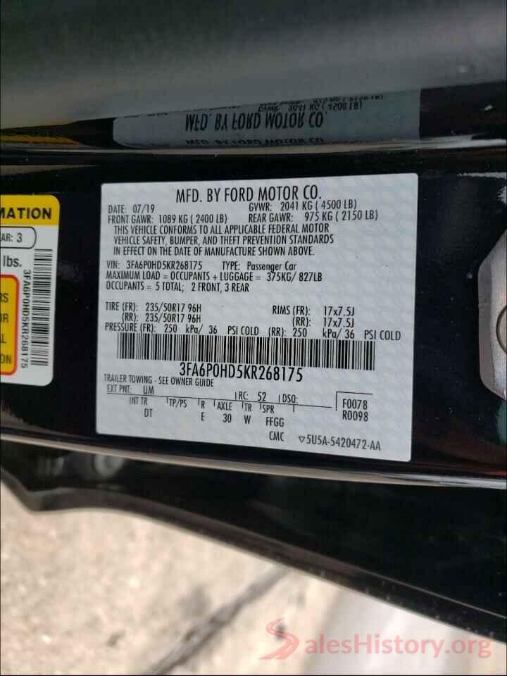 3FA6P0HD5KR268175 2019 FORD FUSION