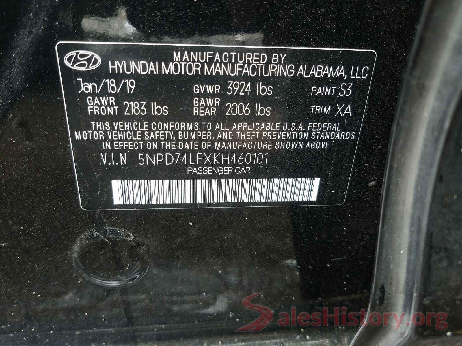 5NPD74LFXKH460101 2019 HYUNDAI ELANTRA