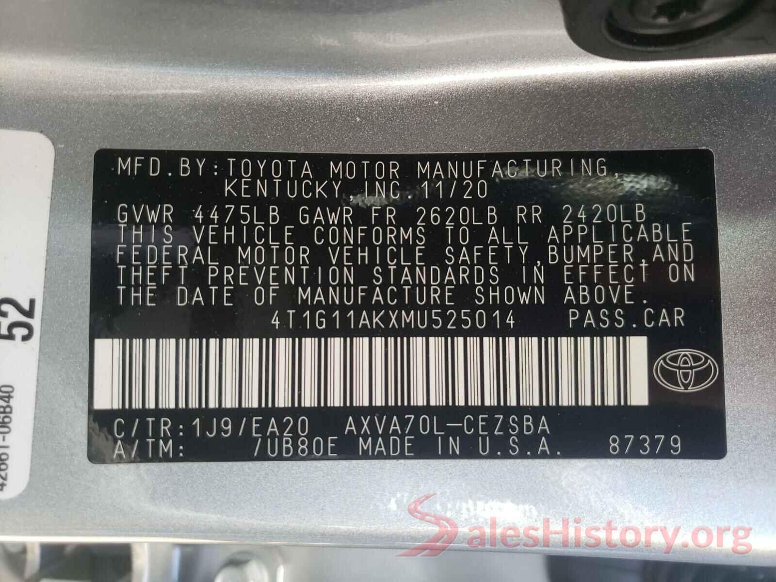 4T1G11AKXMU525014 2021 TOYOTA CAMRY