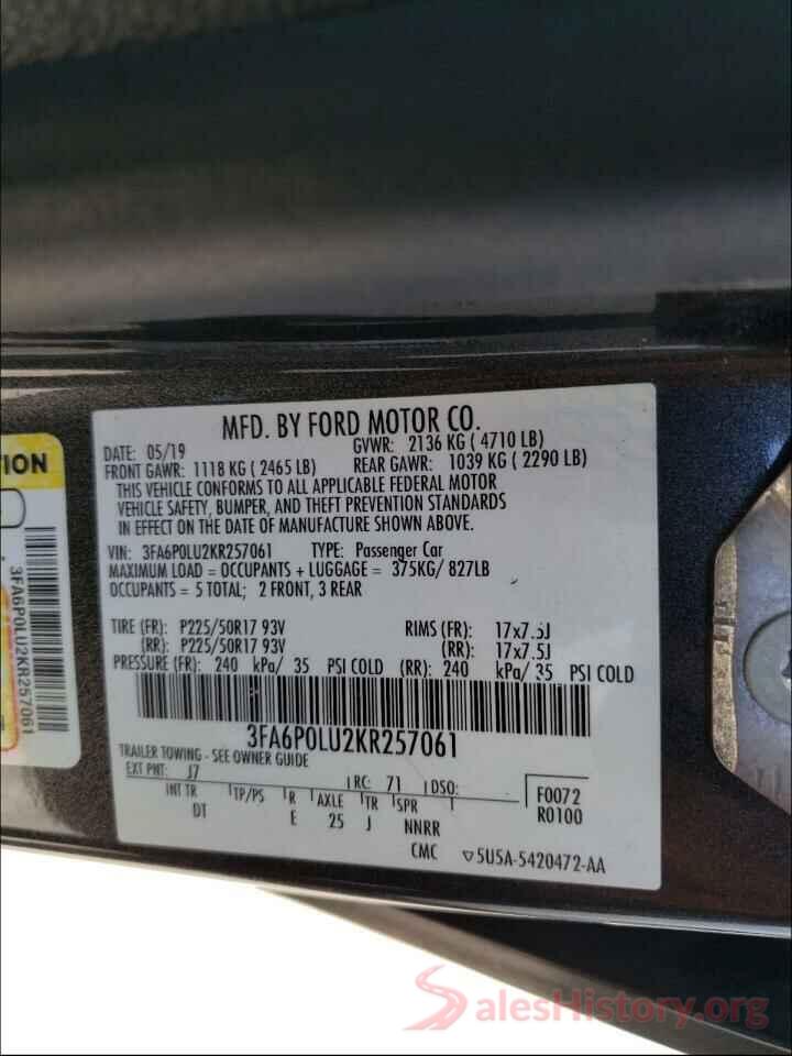 3FA6P0LU2KR257061 2019 FORD FUSION