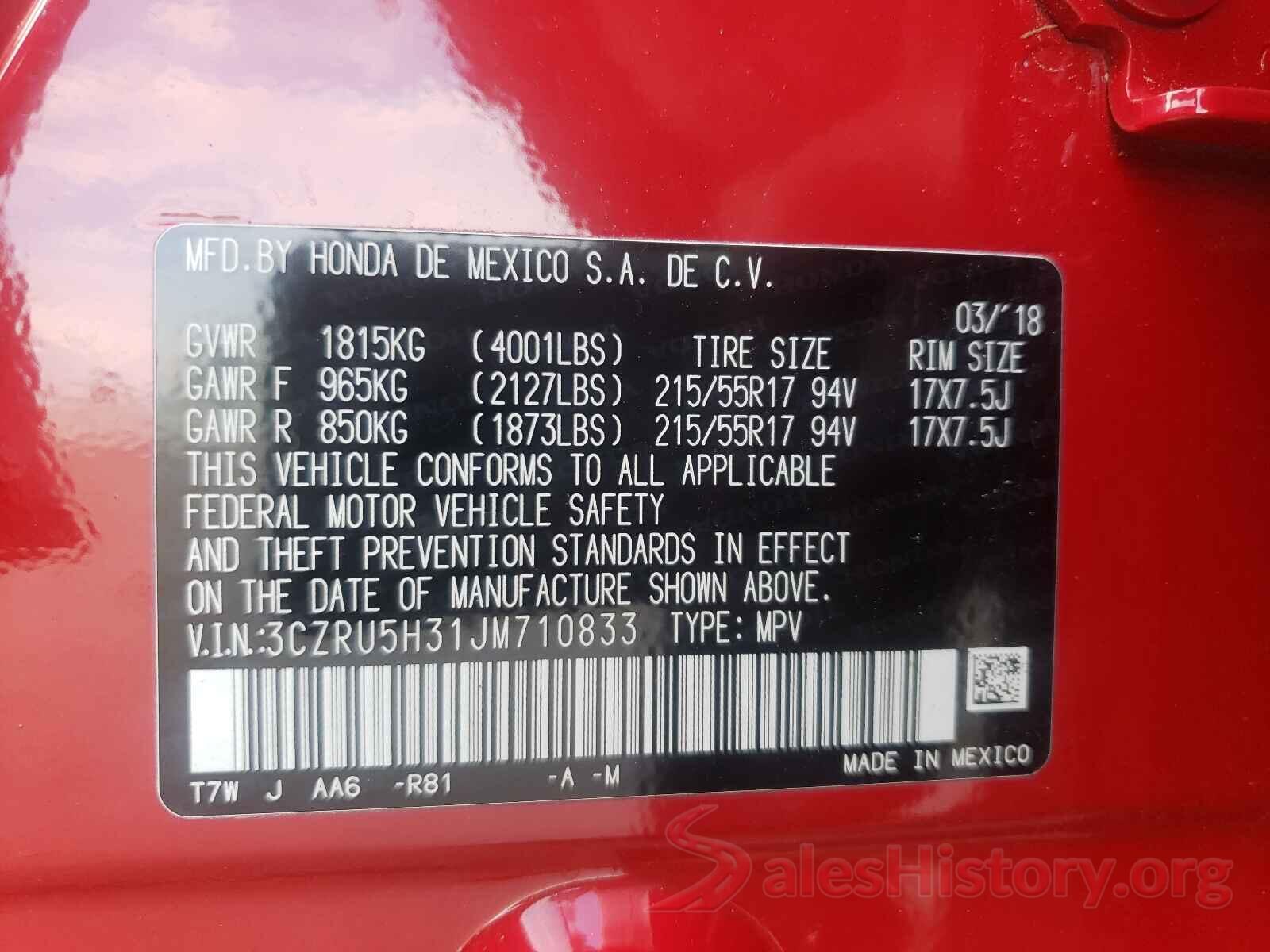 3CZRU5H31JM710833 2018 HONDA HR-V