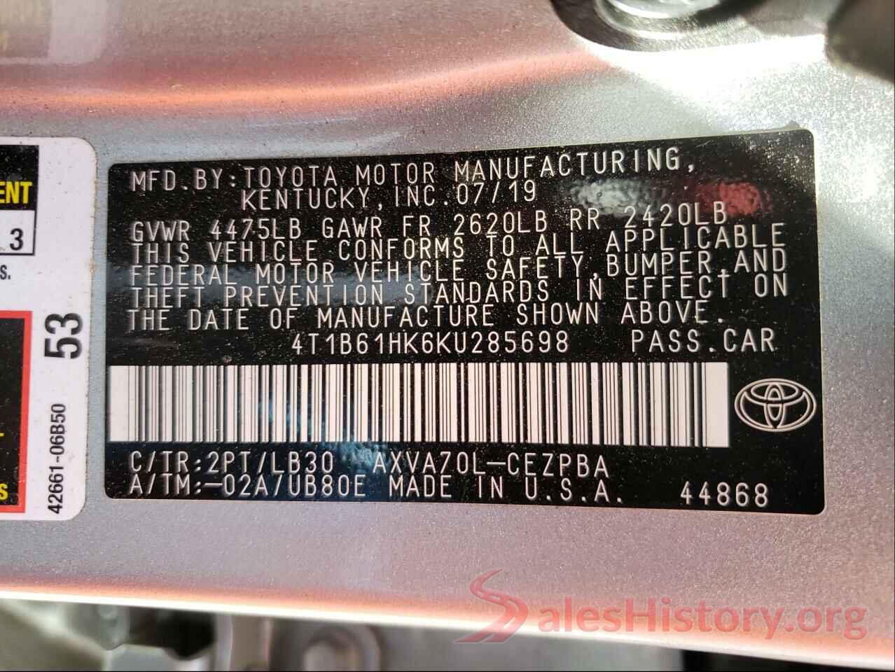 4T1B61HK6KU285698 2019 TOYOTA CAMRY