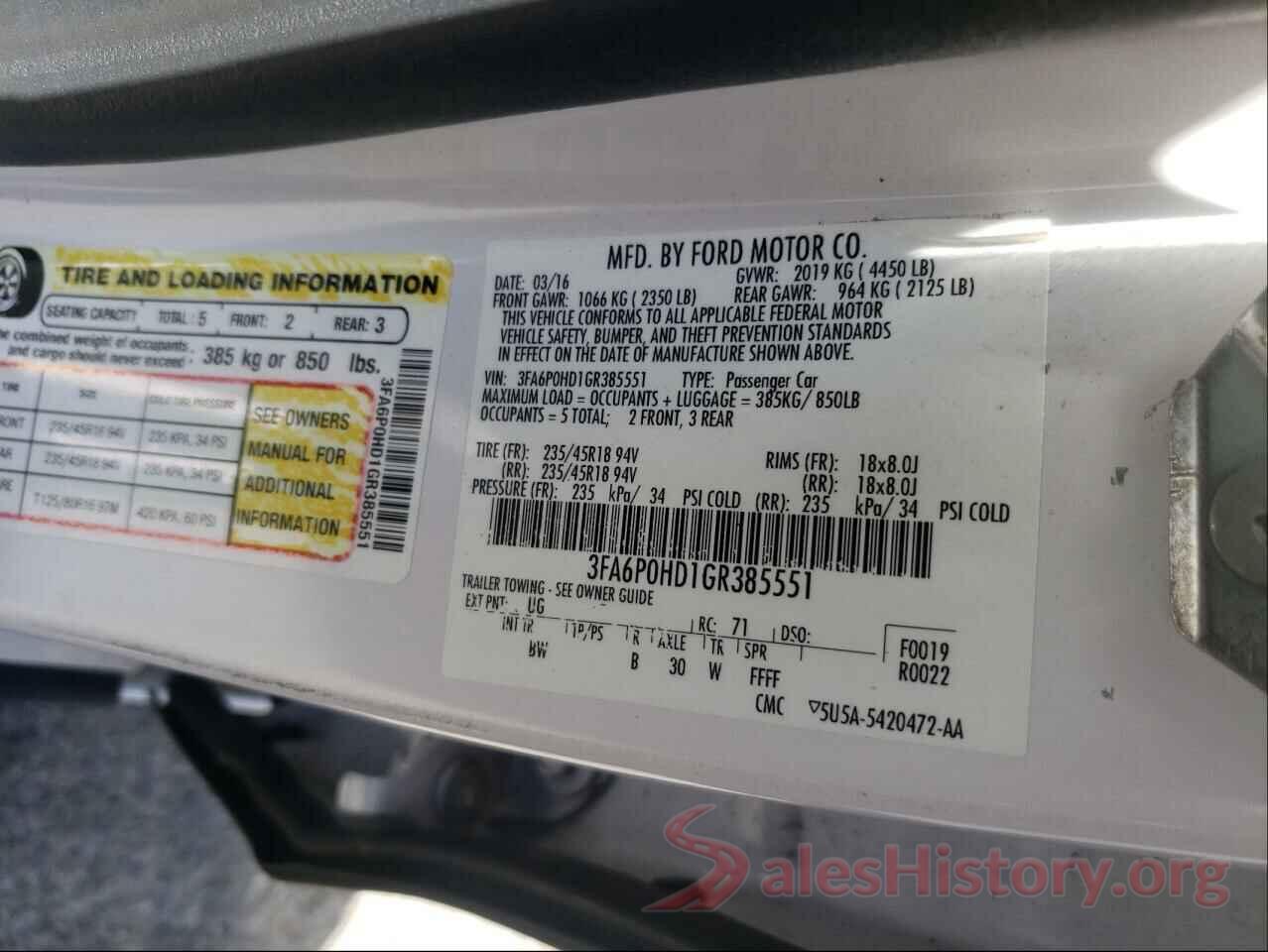 3FA6P0HD1GR385551 2016 FORD FUSION