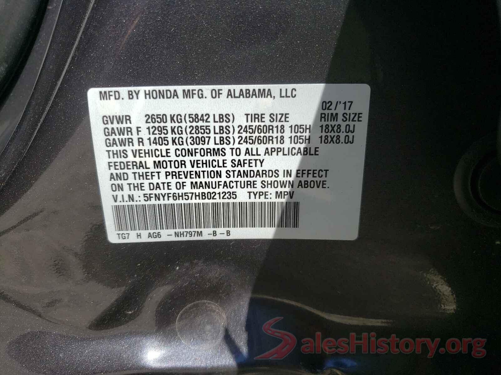 5FNYF6H57HB021235 2017 HONDA PILOT