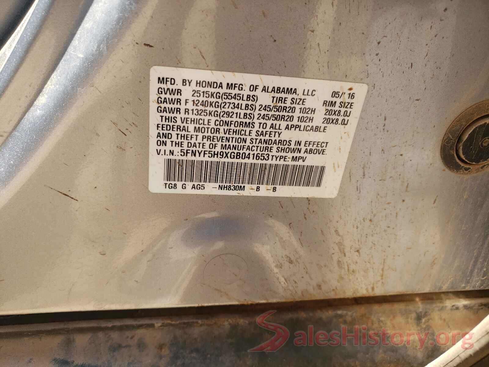 5FNYF5H9XGB041653 2016 HONDA PILOT