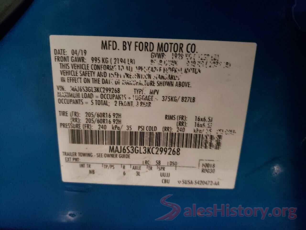 MAJ6S3GL3KC299268 2019 FORD ECOSPORT