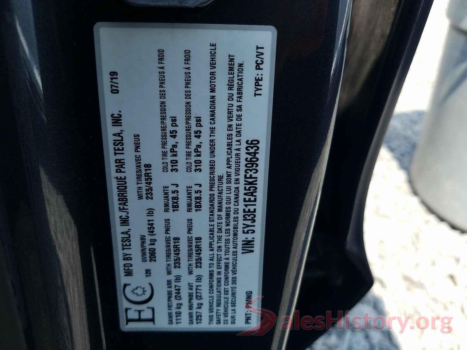 5YJ3E1EA5KF396436 2019 TESLA MODEL 3