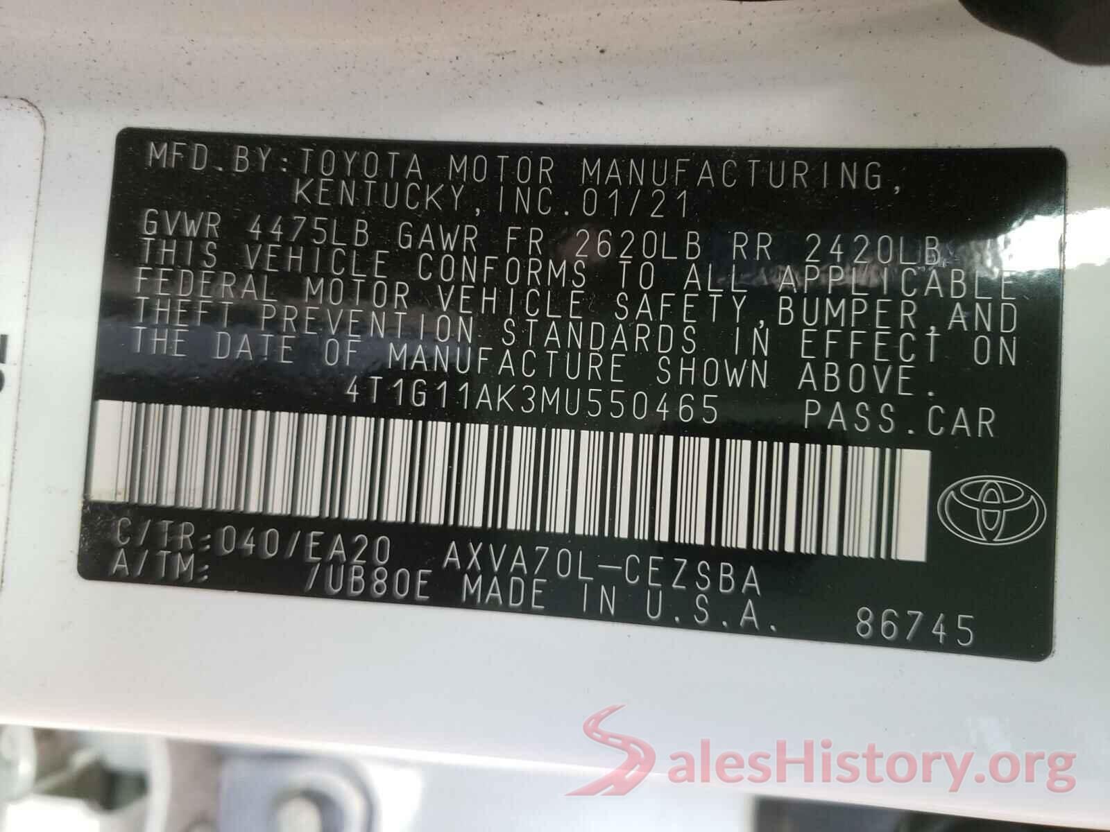 4T1G11AK3MU550465 2021 TOYOTA CAMRY