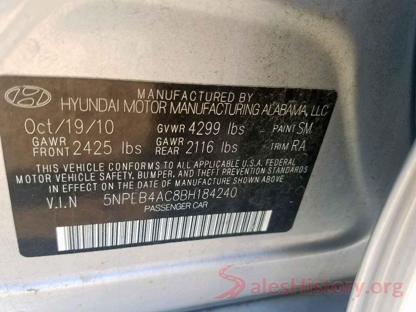 5NPEB4AC8BH184240 2011 HYUNDAI SONATA