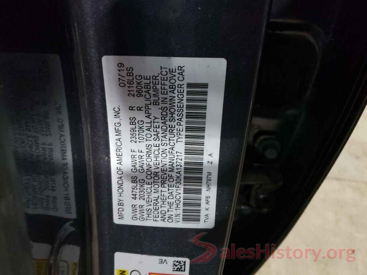 1HGCV1F30KA137217 2019 HONDA ACCORD